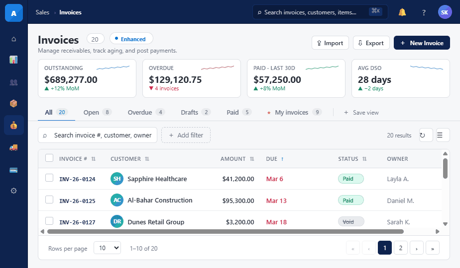 Axon Suite invoices dashboard